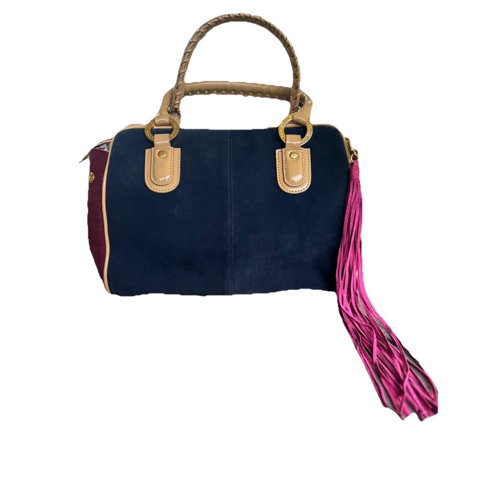Vintage Susan Lucci Color Block Suede Leather Satchel Bag Pink Tassel